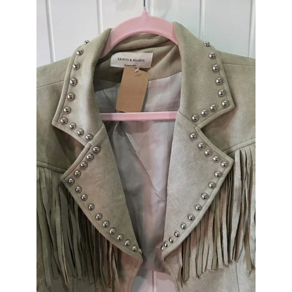 Fringe & Studded Cropped Faux Suede Jacket Size Large NWOT Boho Western Cowgirl - Picture 4 of 8